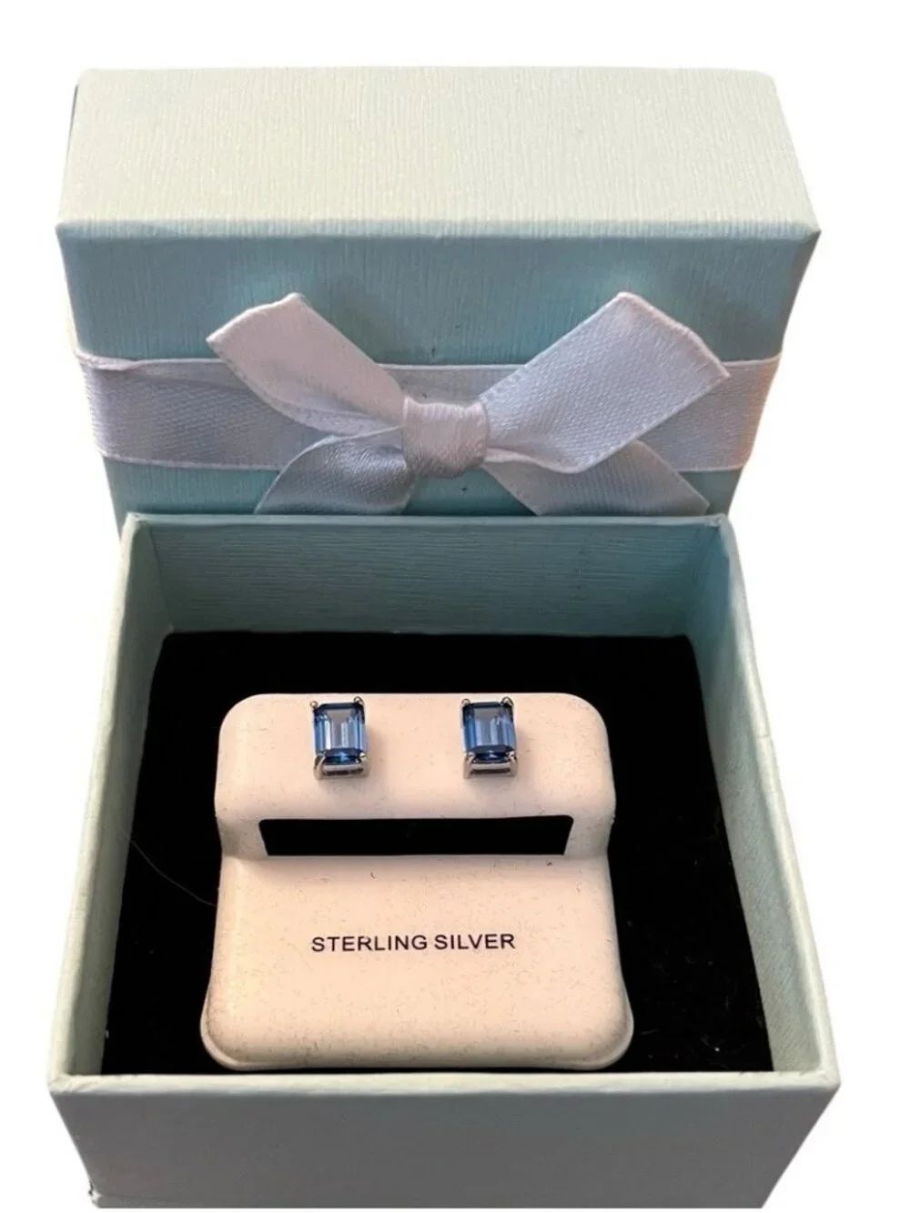 Sterling Silver Blue Topaz Emerald Cut Stud Earrings Gift Boxed New December